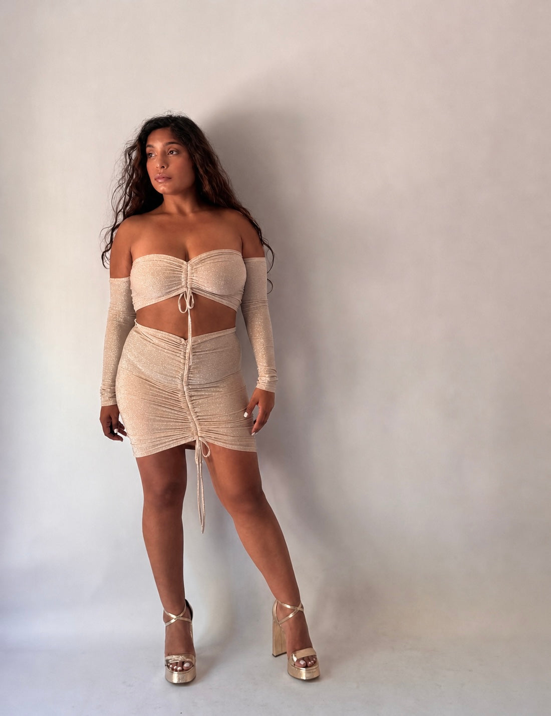Shimmer Off-Shoulder Top & Skirt Set