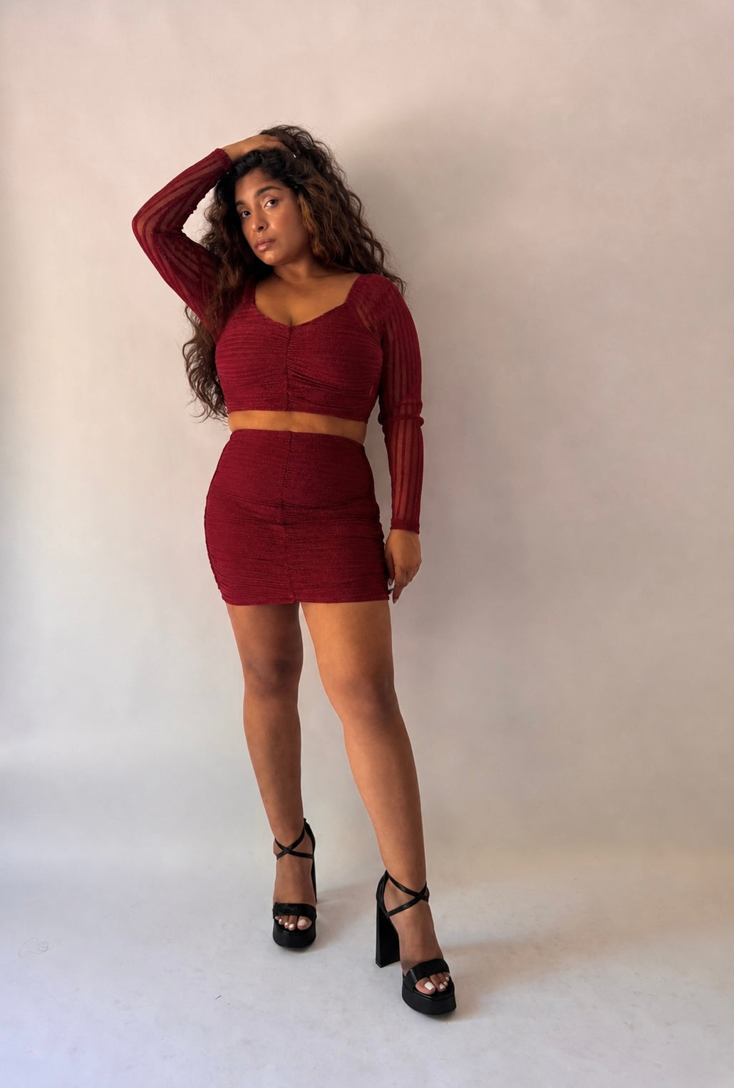 Sheer Sleeve Shimmer Top & Ruched Skirt Set
