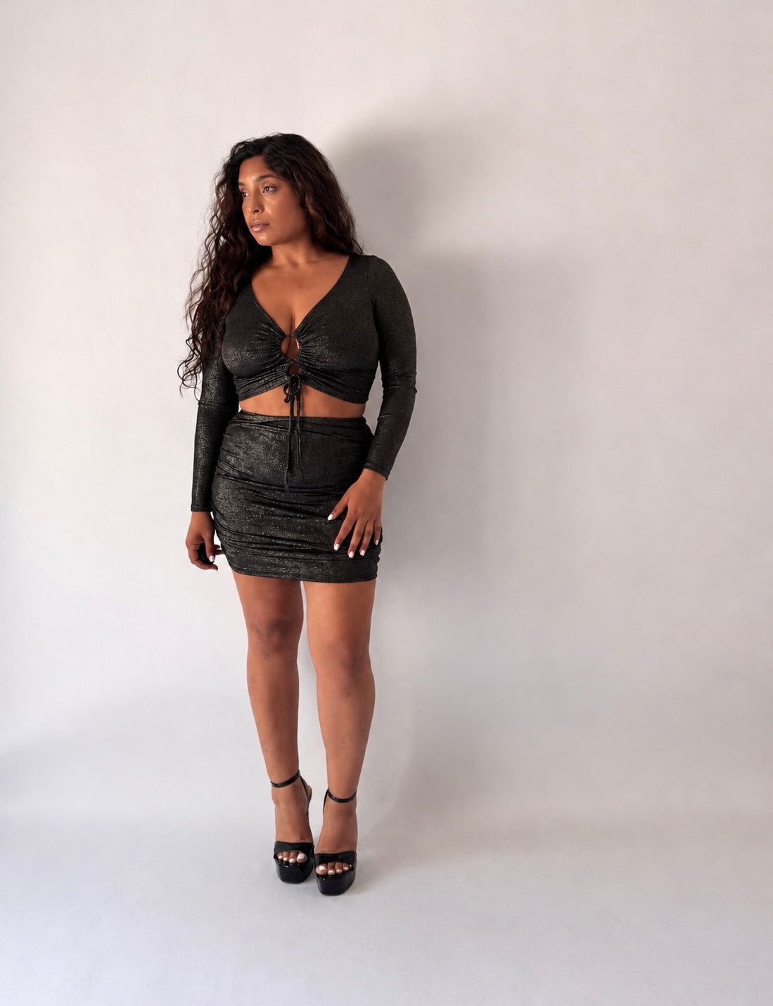Long Sleeve Tie-Front Top & Ruched Skirt Set