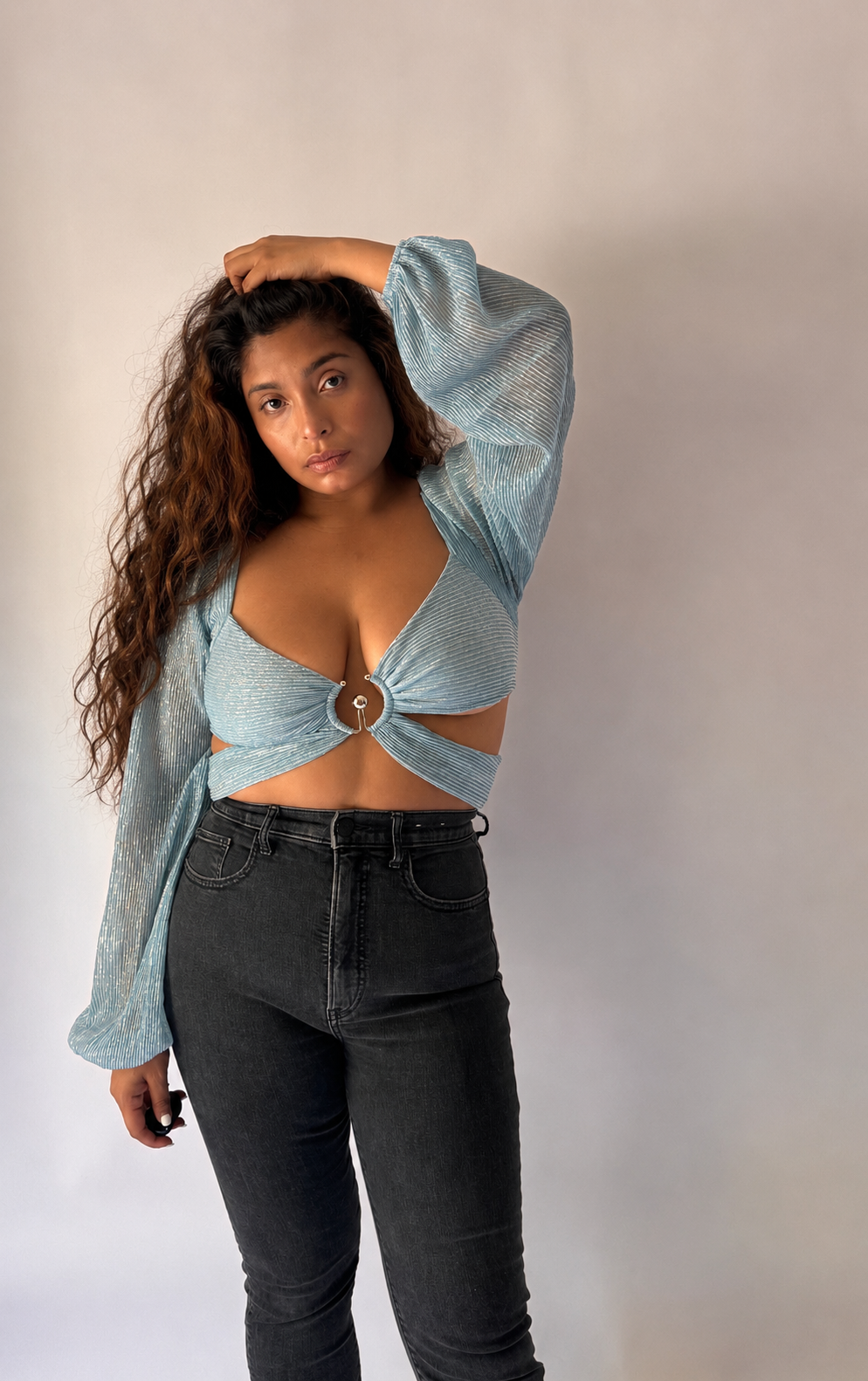 Long Sleeve Sweetheart Halter Crop Top