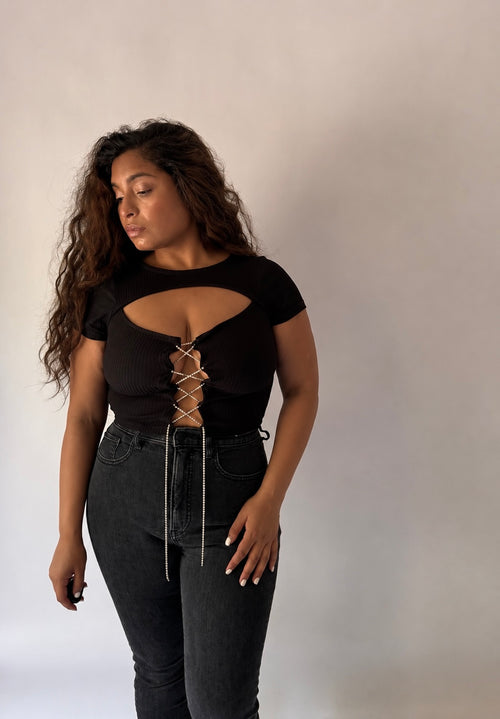 Corazón Rhinestone Lace-Up Crop Top