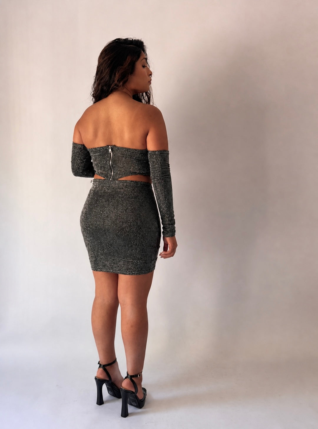 Shimmer Off-Shoulder Top & Skirt Set