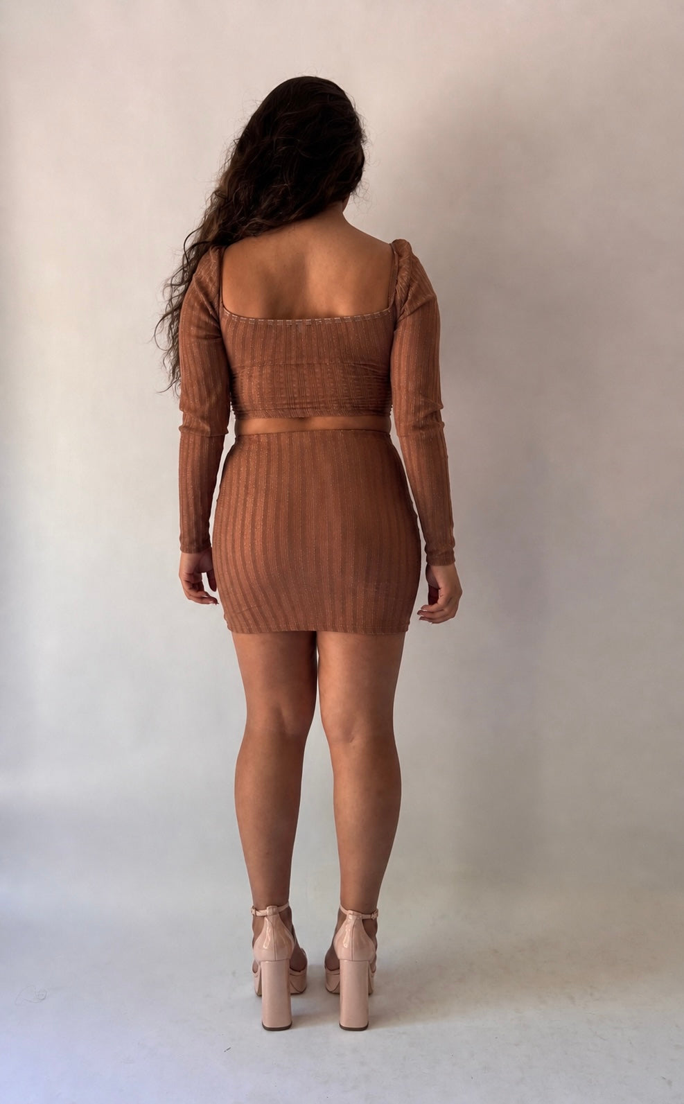 Sheer Sleeve Shimmer Top & Ruched Skirt Set