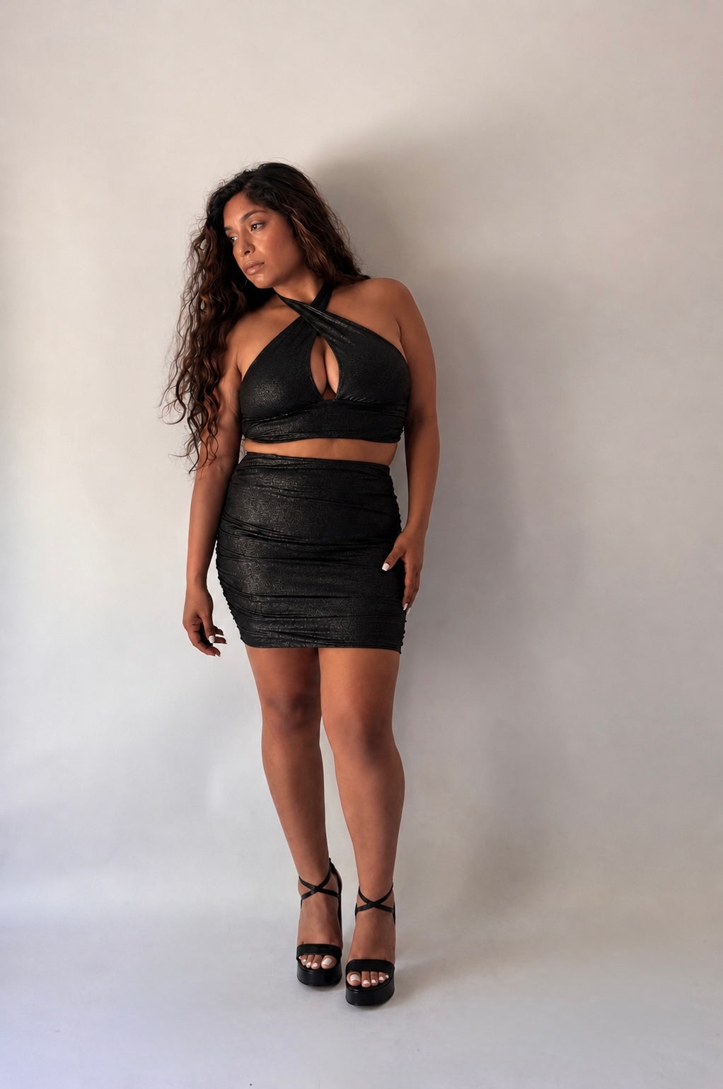 Crossover Halter Top & Ruched Skirt Set