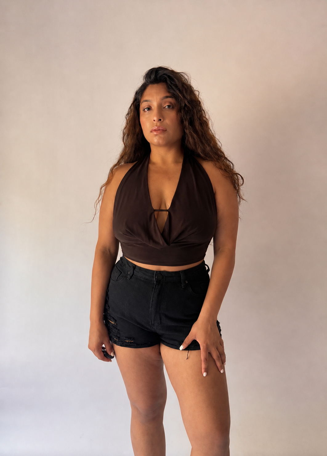 Enamorada Cowl Neck Halter Crop Top