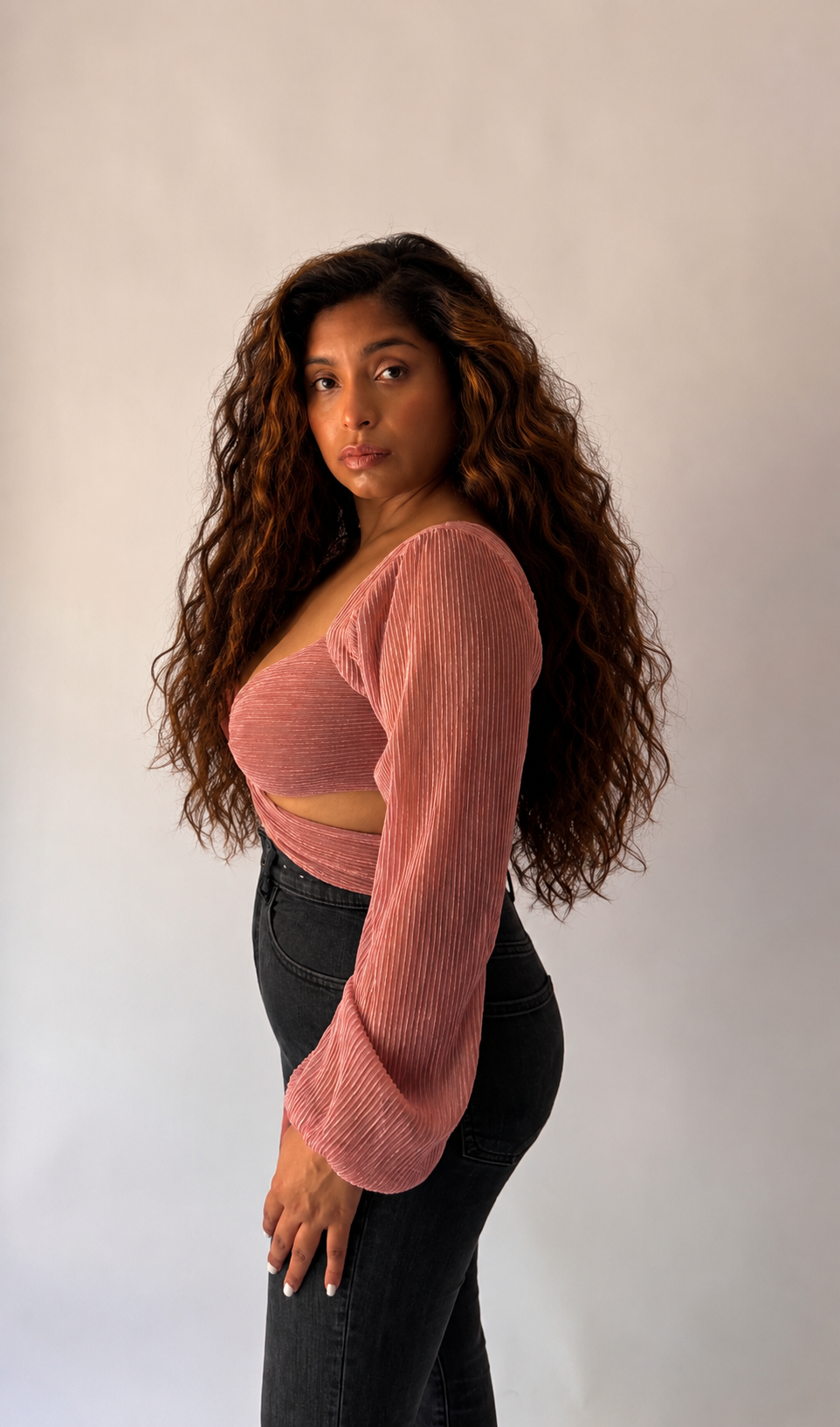 Long Sleeve Sweetheart Halter Crop Top