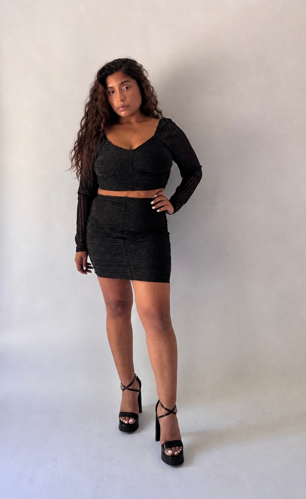 Sheer Sleeve Shimmer Top & Ruched Skirt Set