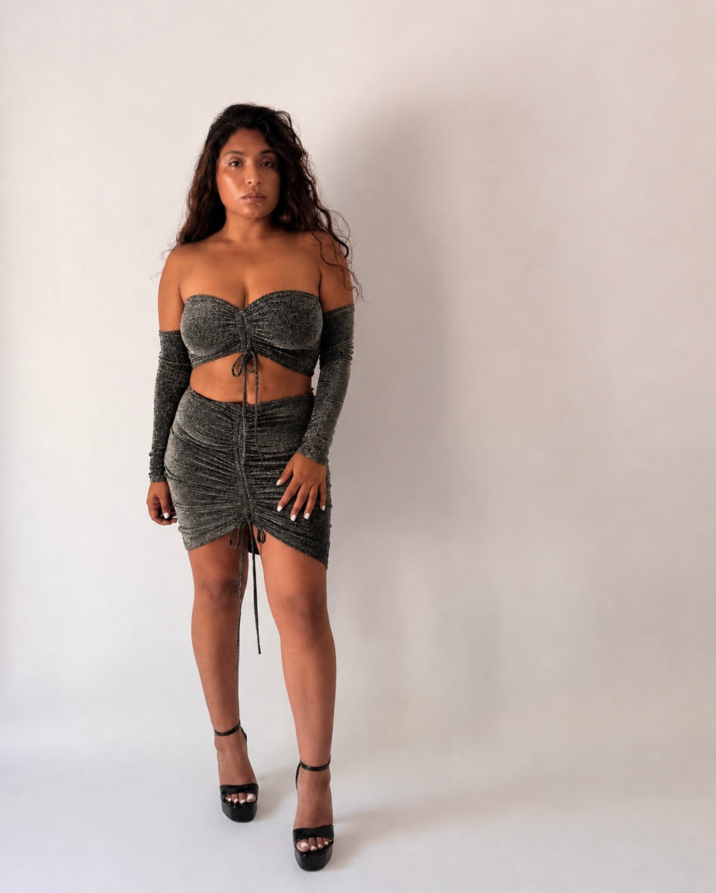 Shimmer Off-Shoulder Top & Skirt Set