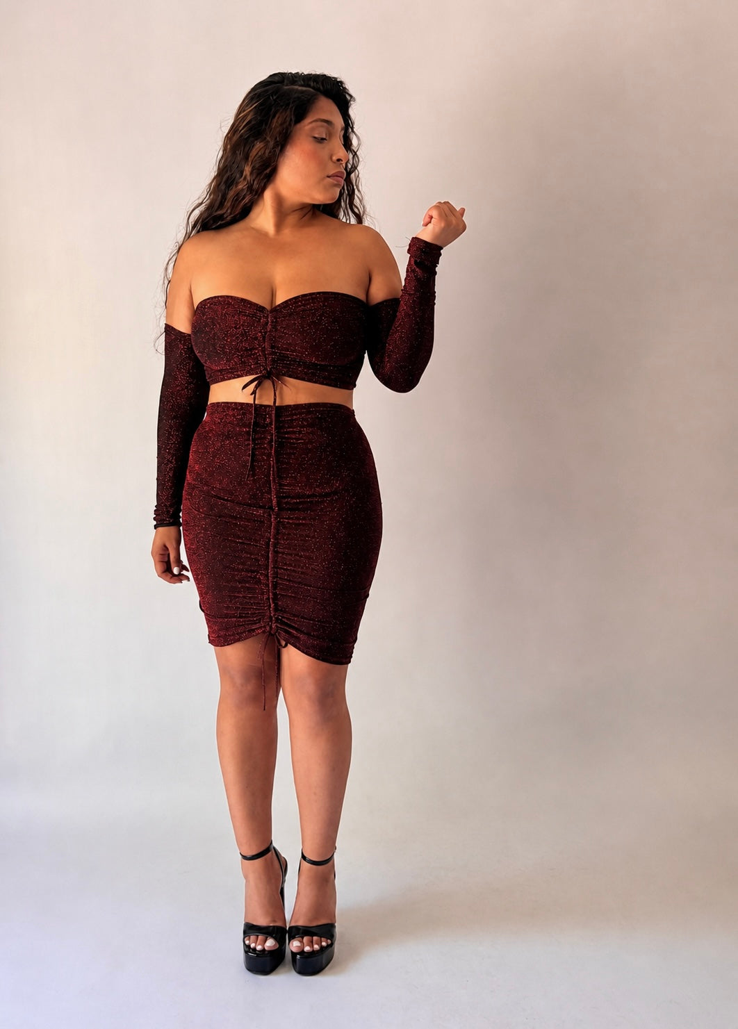 Shimmer Off-Shoulder Top & Skirt Set