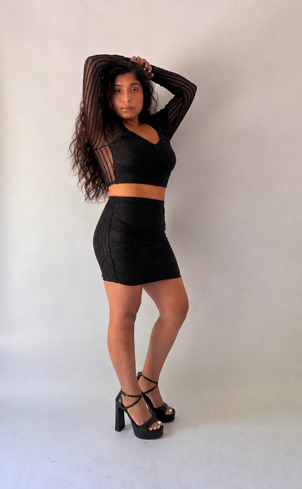 Sheer Sleeve Shimmer Top & Ruched Skirt Set
