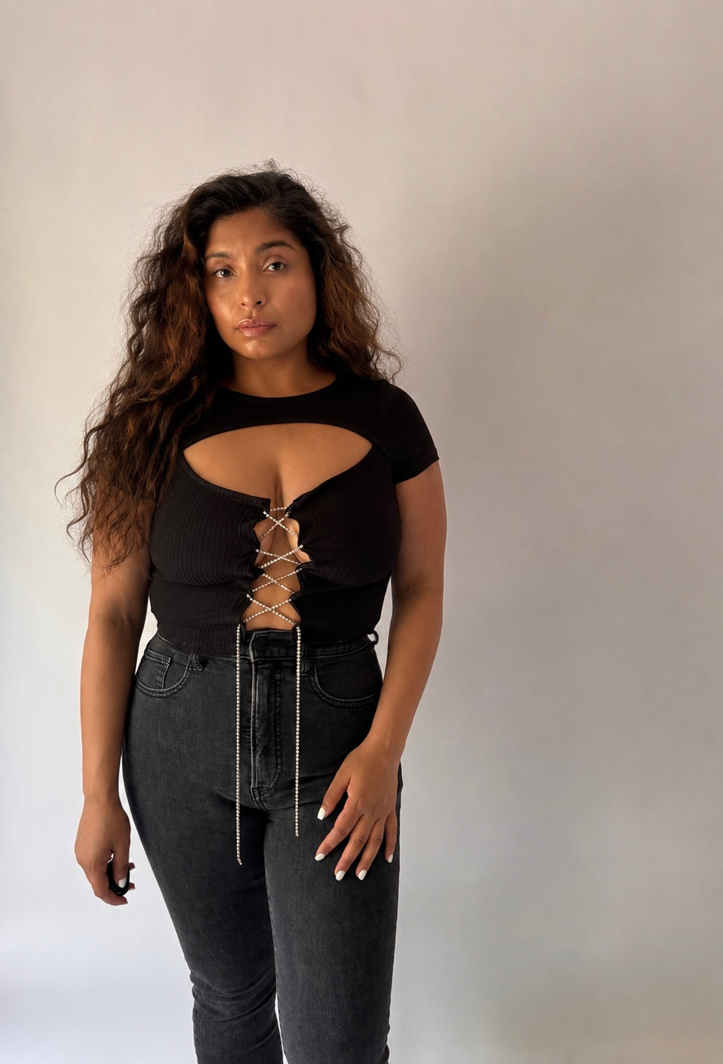 Corazón Rhinestone Lace-Up Crop Top