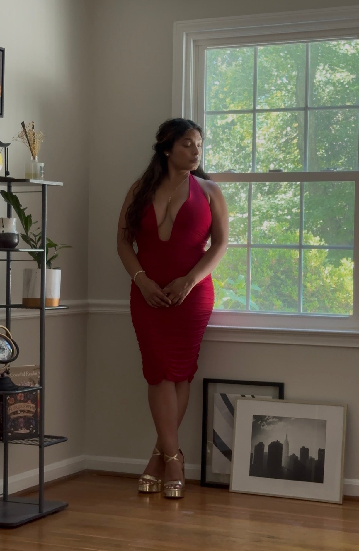 Amor Mío Plunge Halter Ruched Midi Dress