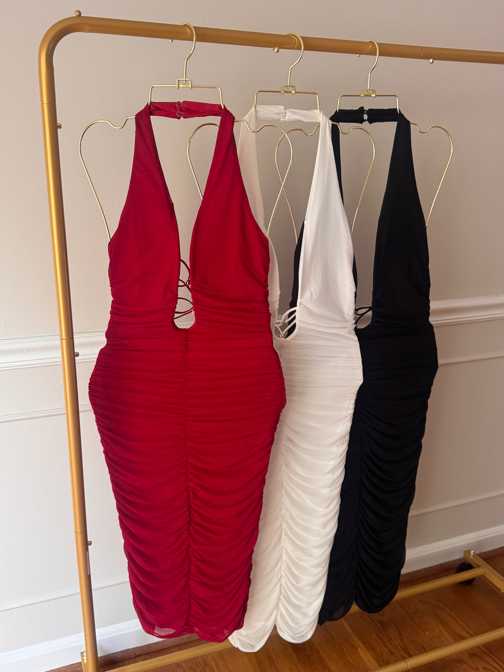 Amor Mío Plunge Halter Ruched Midi Dress