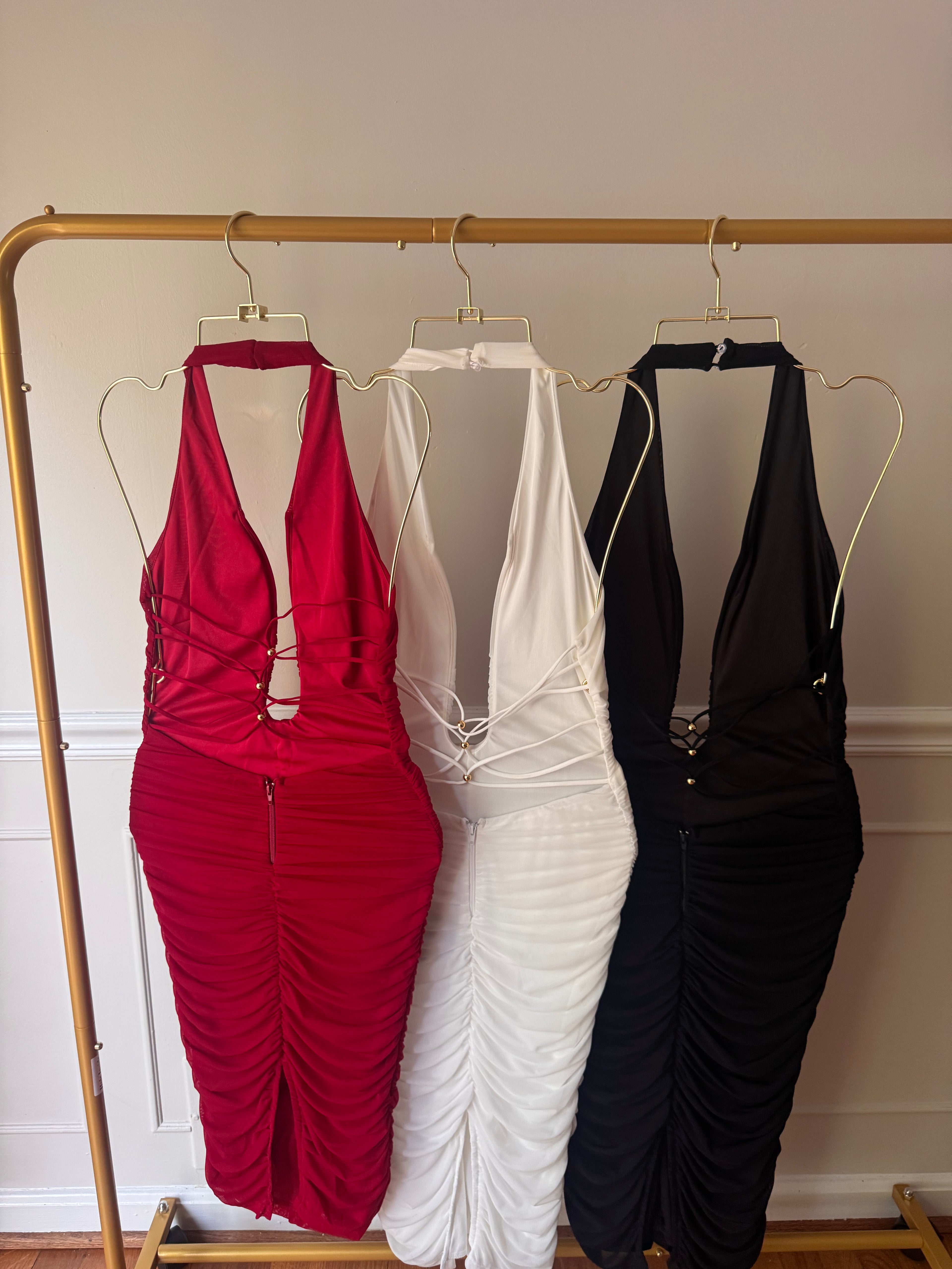 Amor Mío Plunge Halter Ruched Midi Dress
