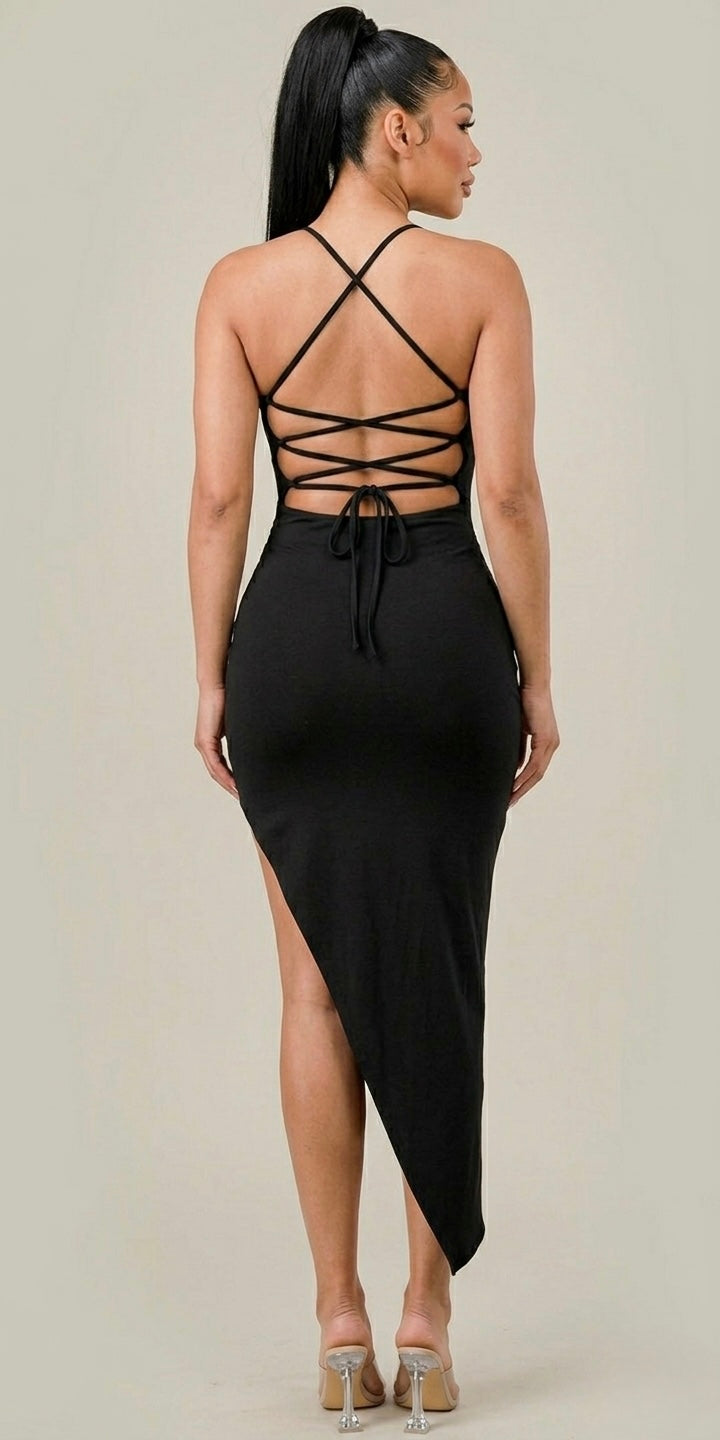 Asymmetric Hem Lace-Up Back Midi Dress