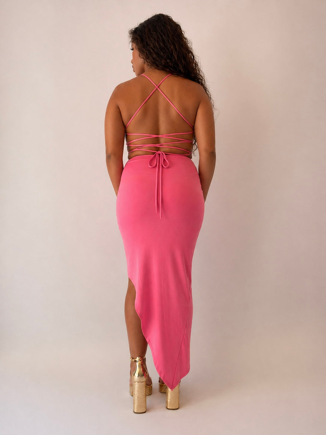 Asymmetric Hem Lace-Up Back Midi Dress