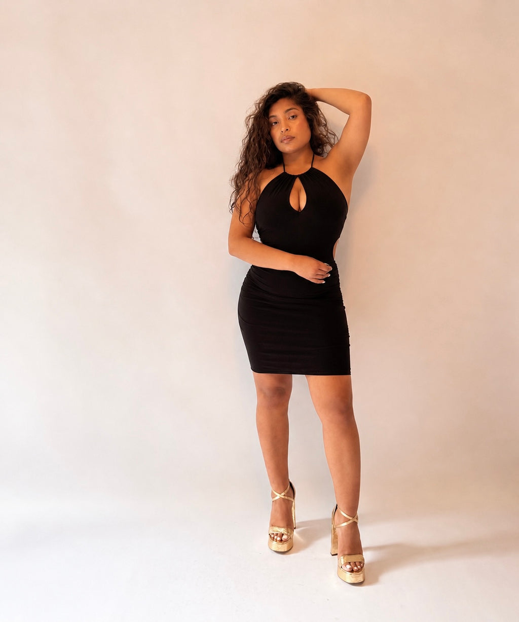 Bésame Halter Keyhole Cutout Open Back Mini Dress