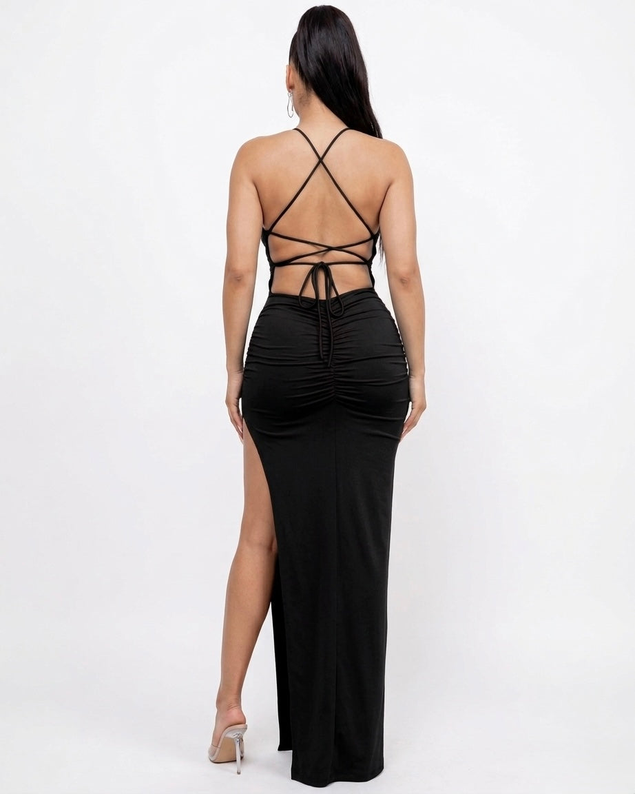 Pasión Plunge Halter Lace-Up Back Maxi Dress