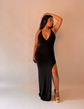 Pasión Plunge Halter Lace-Up Back Maxi Dress