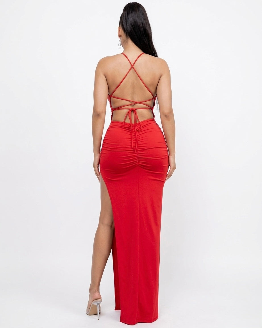 Pasión Plunge Halter Lace-Up Back Maxi Dress