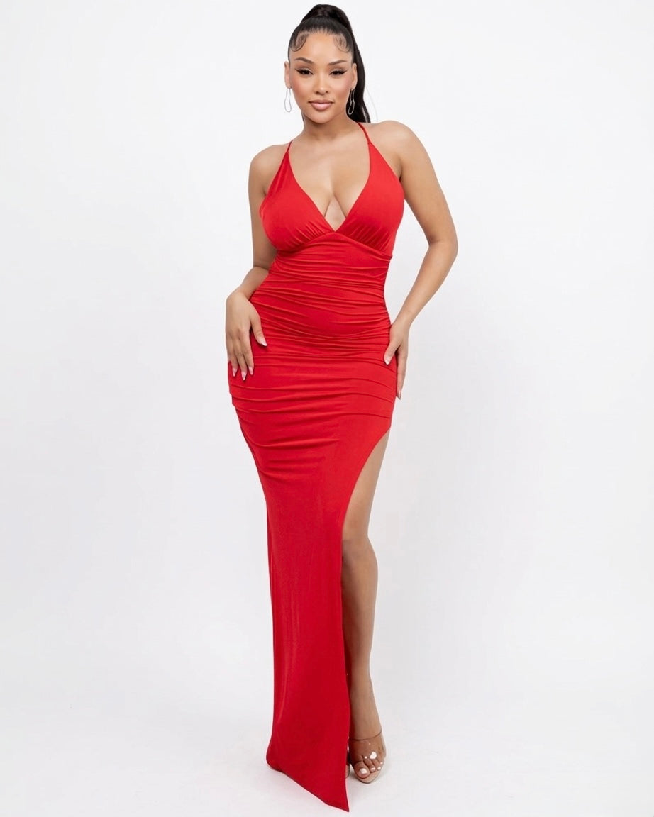 Pasión Plunge Halter Lace-Up Back Maxi Dress