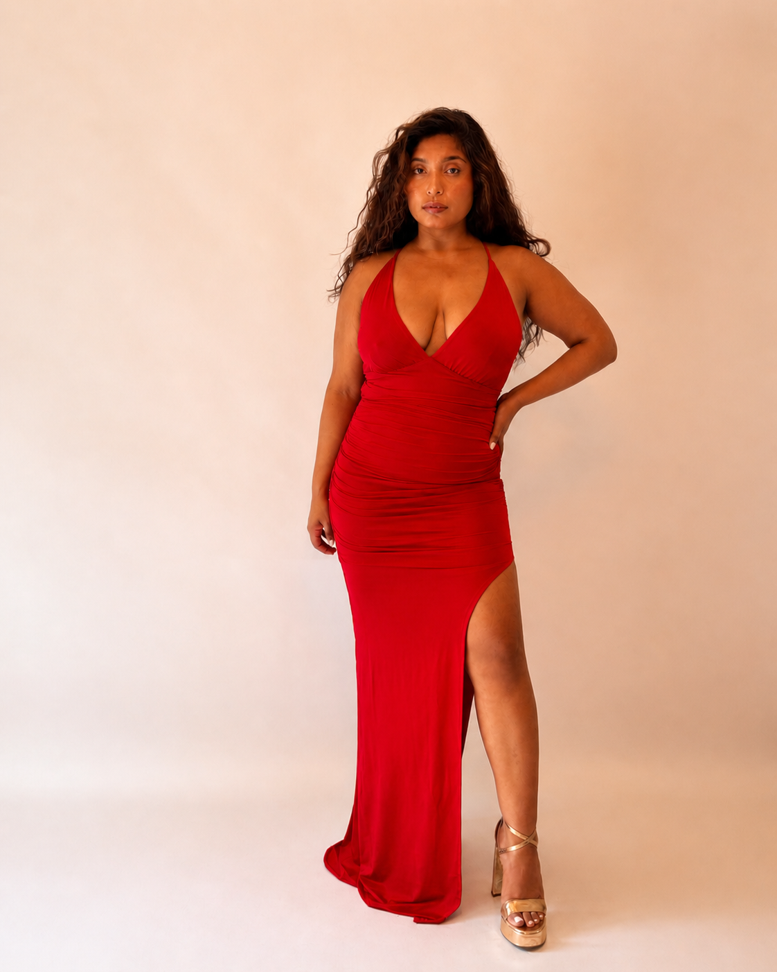 Pasión Plunge Halter Lace-Up Back Maxi Dress
