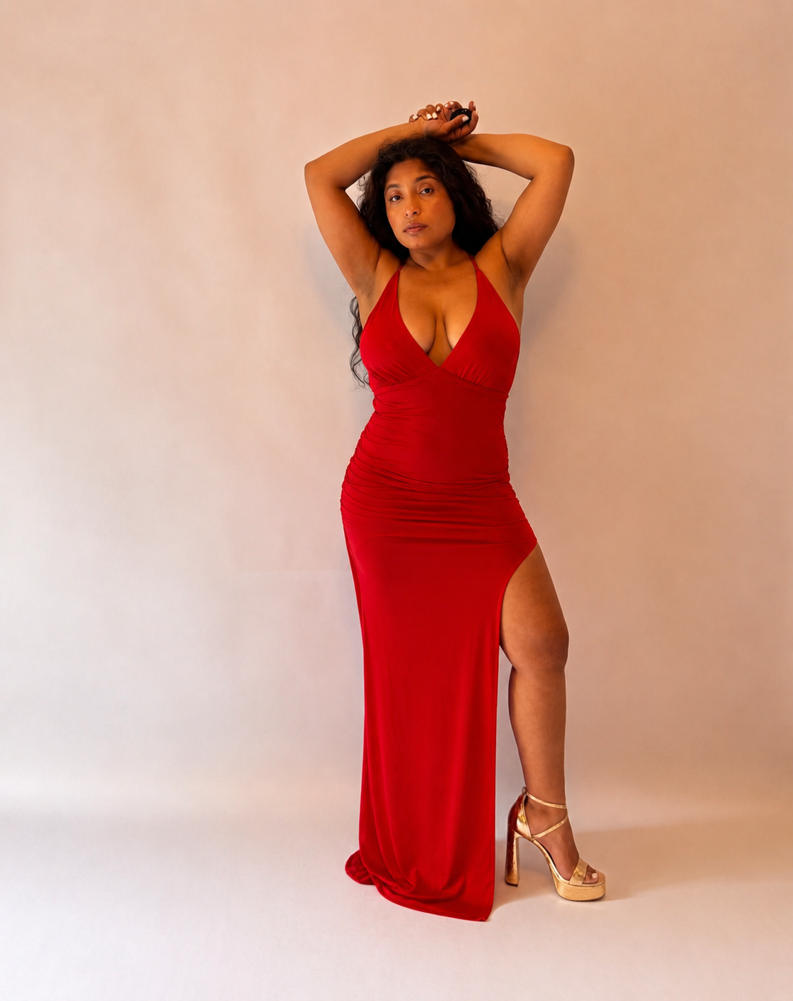 Pasión Plunge Halter Lace-Up Back Maxi Dress