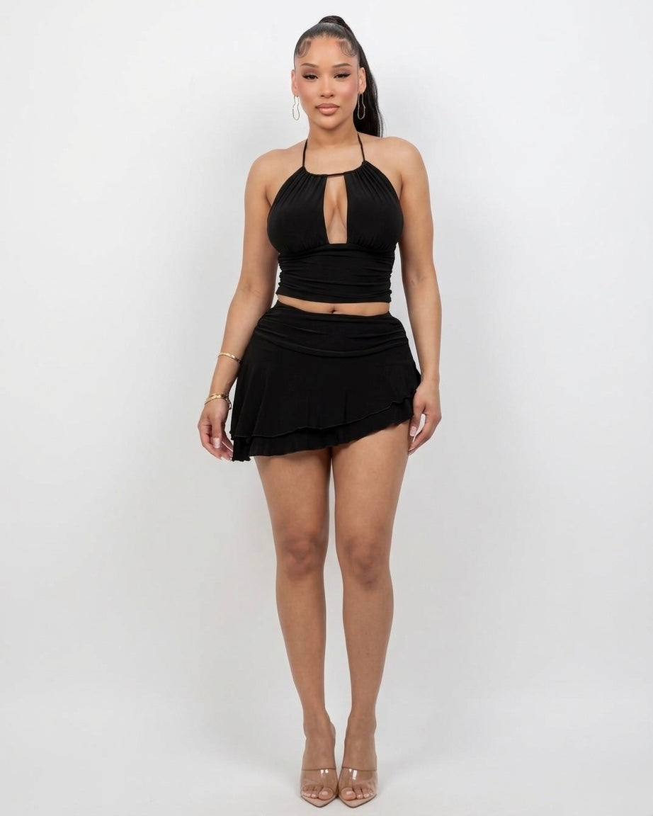 Coqueta Keyhole Halter Top & Ruffled Skirt Set