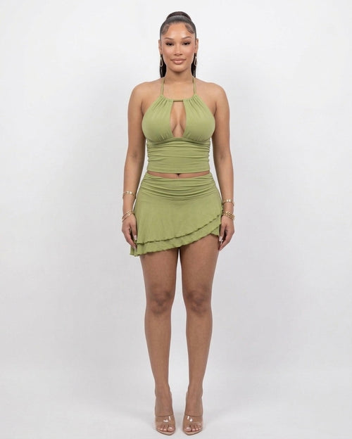 Coqueta Keyhole Halter Top & Ruffled Skirt Set