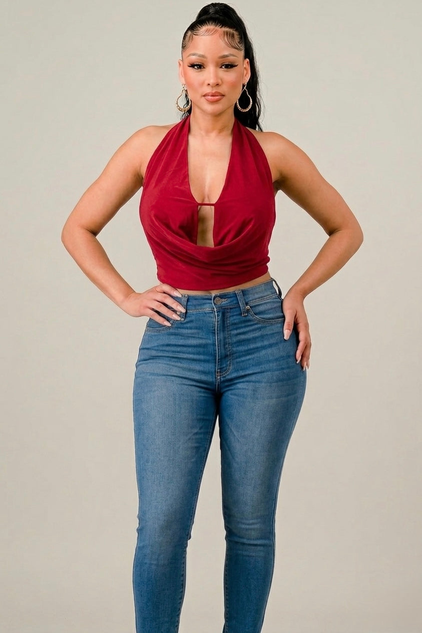 Enamorada Cowl Neck Halter Crop Top