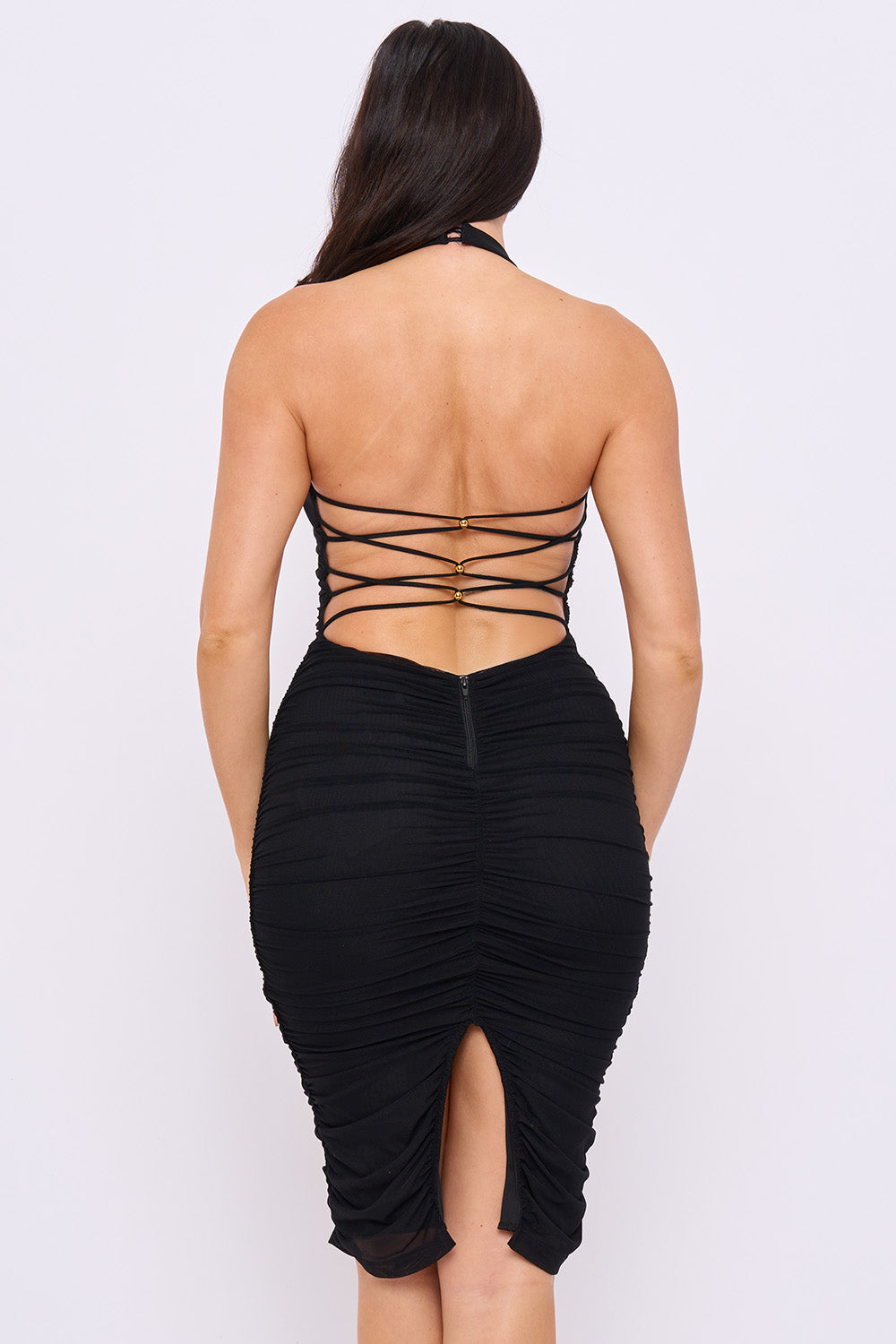 Amor Mío Plunge Halter Ruched Midi Dress