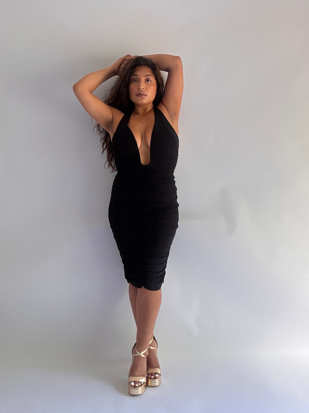 Amor Mío Plunge Halter Ruched Midi Dress