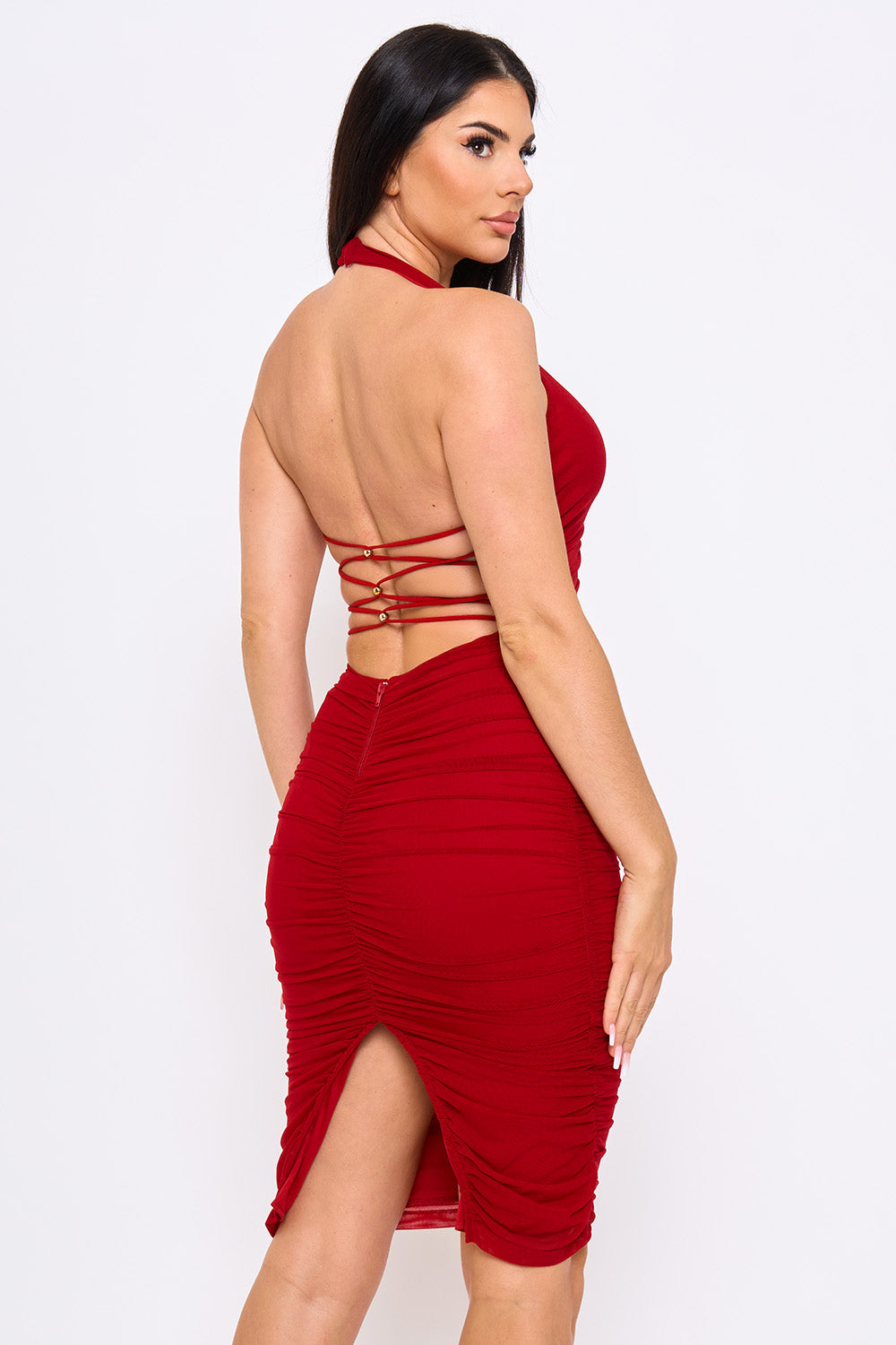 Amor Mío Plunge Halter Ruched Midi Dress