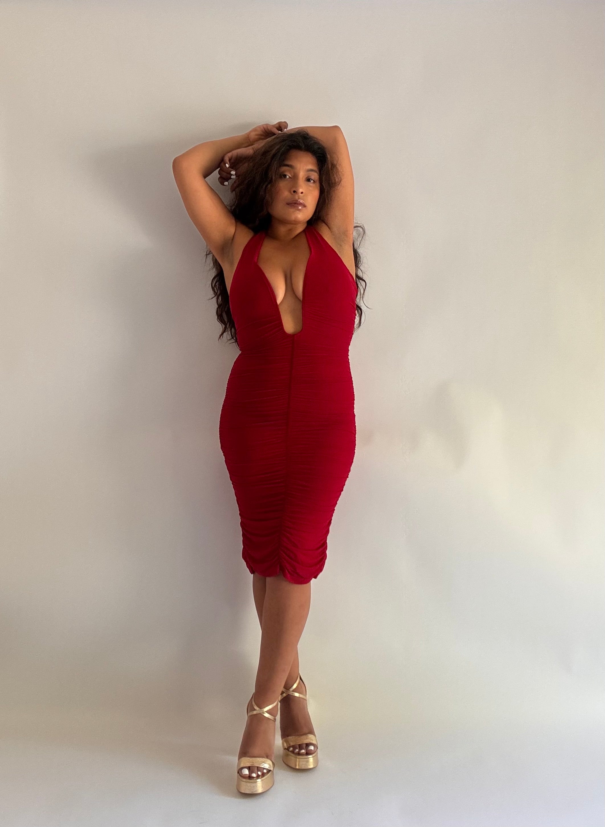 Amor Mío Plunge Halter Ruched Midi Dress