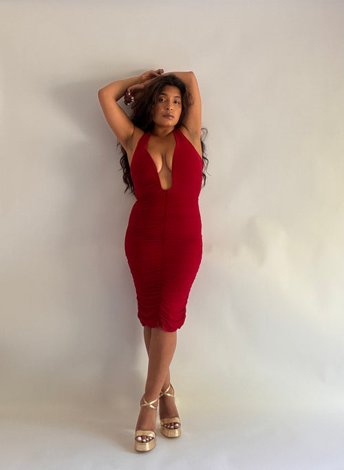 Amor Mío Plunge Halter Ruched Midi Dress
