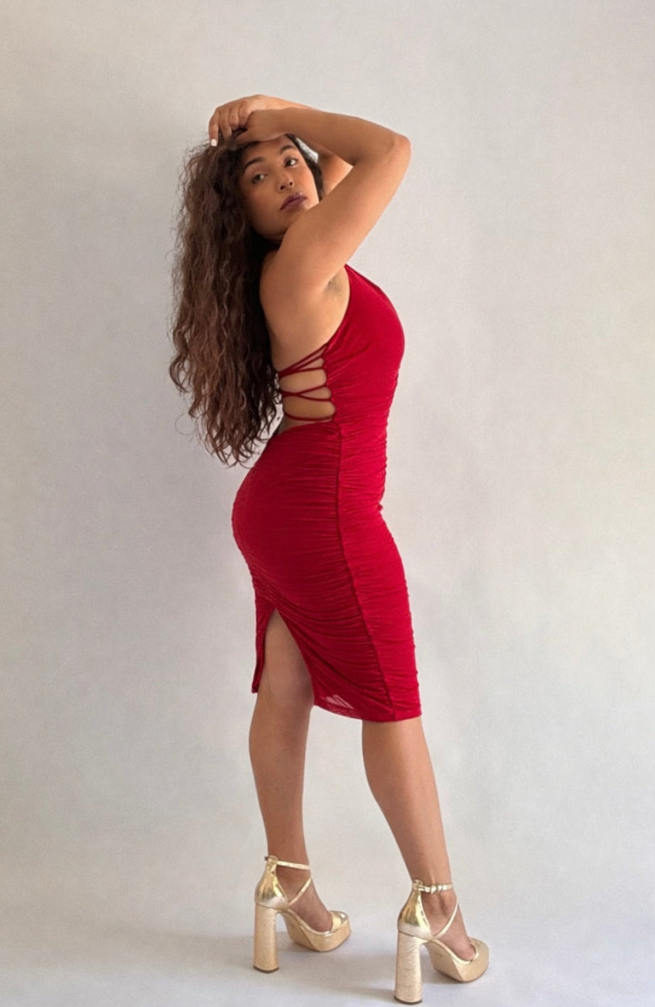Amor Mío Plunge Halter Ruched Midi Dress