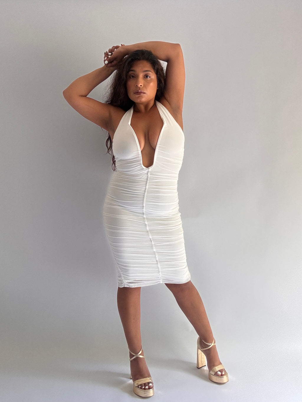 Amor Mío Plunge Halter Ruched Midi Dress