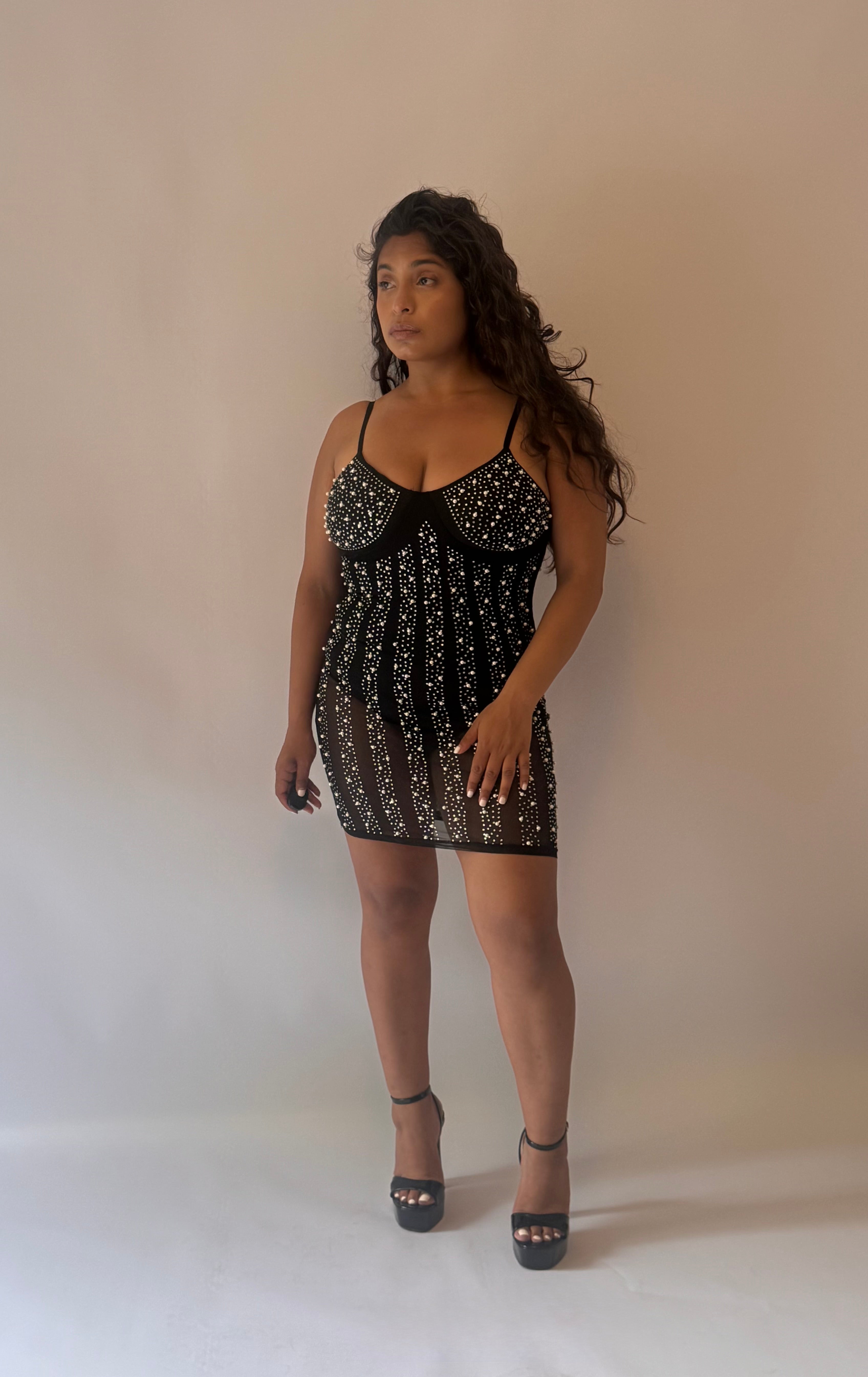 Tentación Rhinestone Embellished Sheer Slip Mini Dress