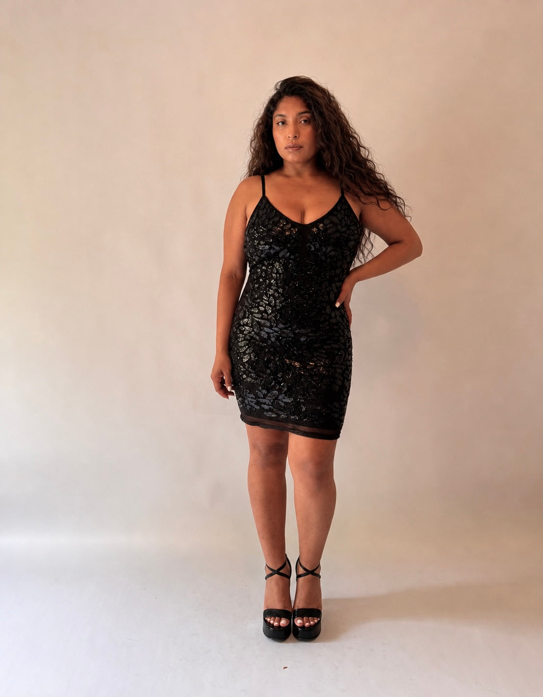 Sequin Leaf Pattern Slip Mini Dress