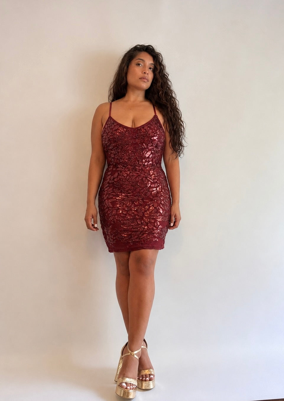 Sequin Leaf Pattern Slip Mini Dress
