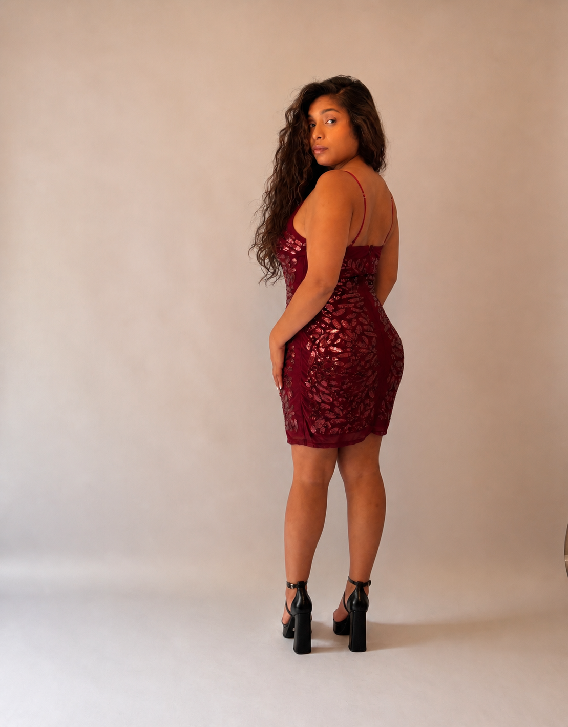 Sequin Leaf Pattern Slip Mini Dress