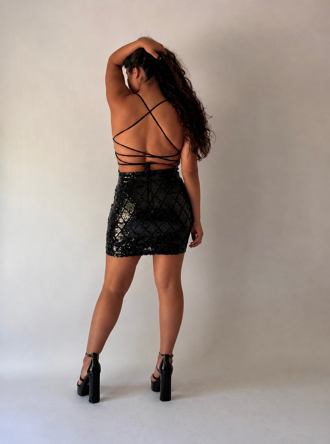 Sequin Lace-Up Back Mini Dress