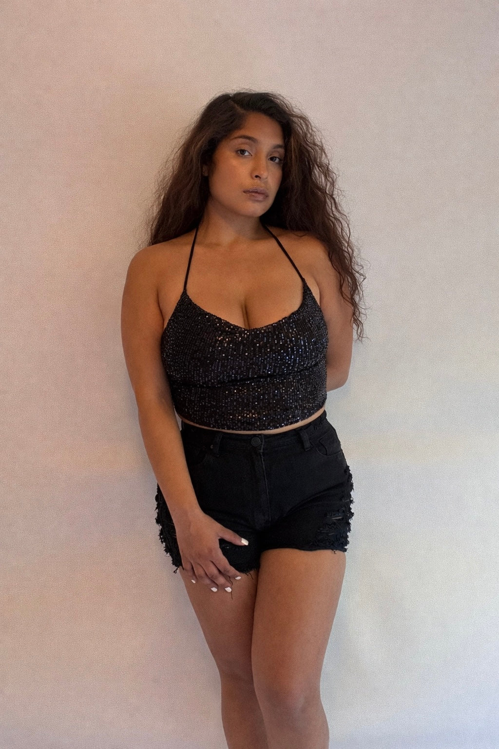 Querida Sequins Lace-Up Cami Crop Top