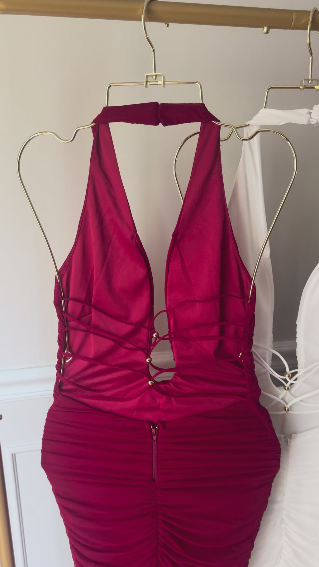 Amor Mío Plunge Halter Ruched Midi Dress